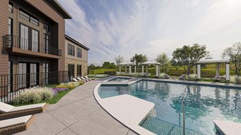 Resort style pool with spa and modern building architecture
